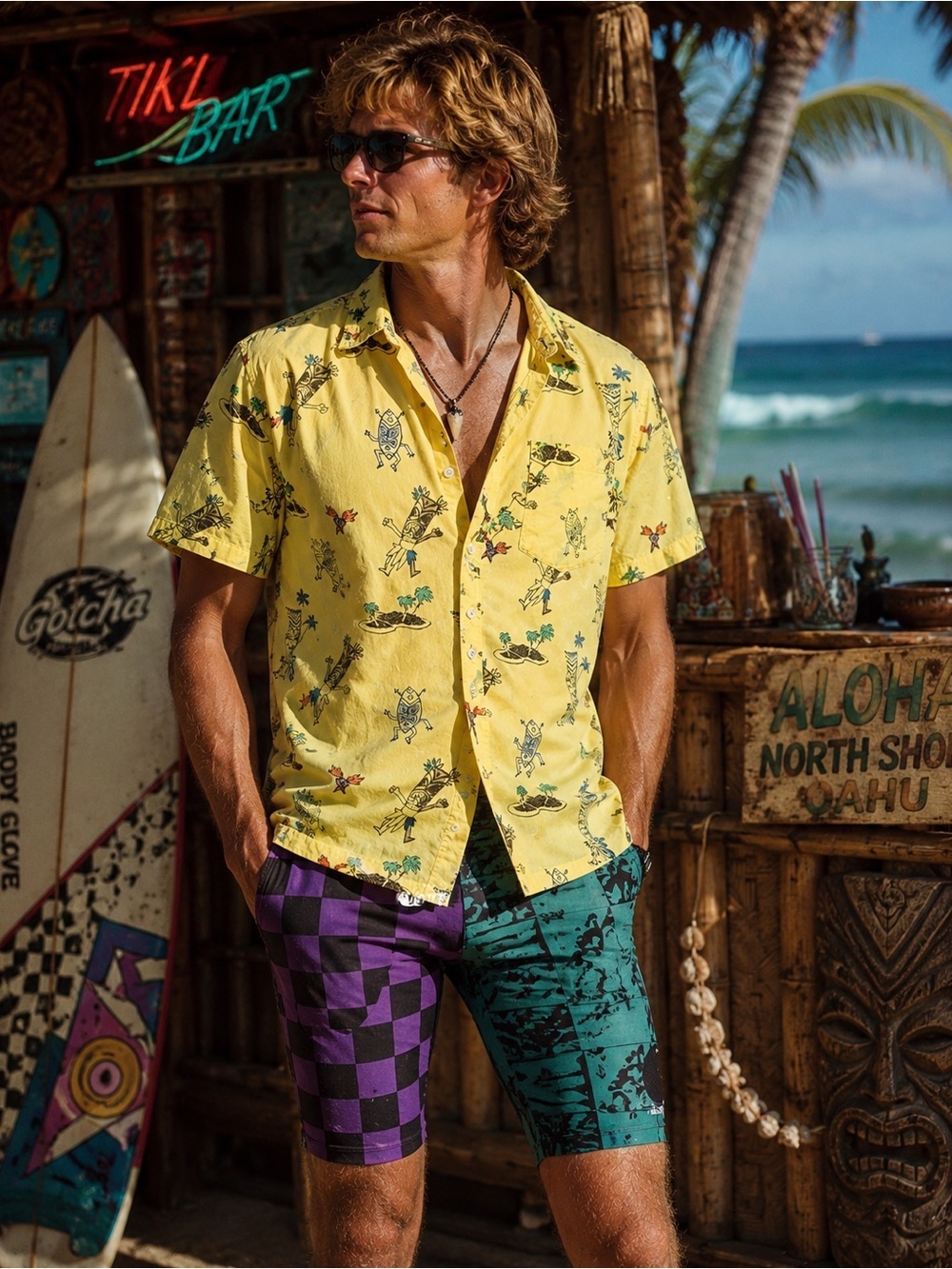 90s Vintage Mens Hang Ten Tiki Shirt Sz L Yellow Linen Cotton Hawaiian Surf Top